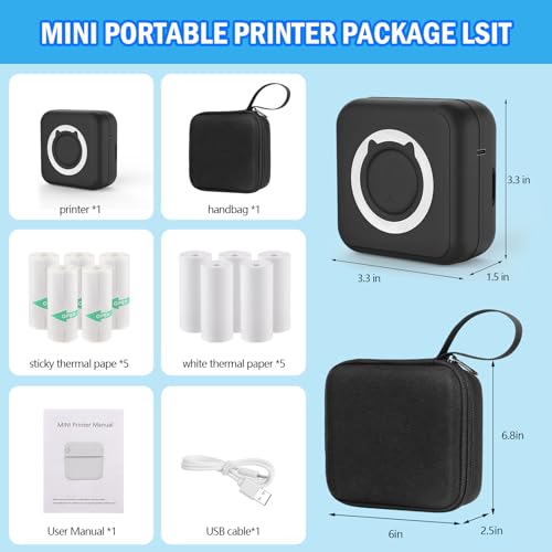 HUIJUTCHEN Mini impressora de bolso preta com capa preta, mini impressora térmica com 10 rolos de pa