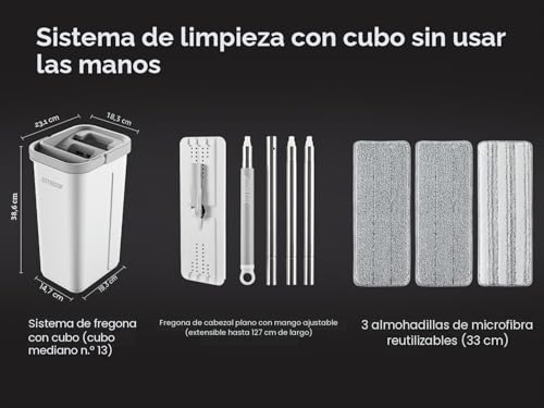 Miniatura 9 de Joymoop Juego De Fregona Y Cubo Con Escurridor, Fregona Plana Manos Libres Y Cubo, Con 3 Almohadillas De Microfibra Lavables, Uso En Húmedo Y Seco, Sistema De Limpieza De Suelos