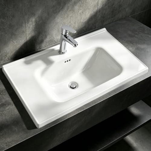 Tarainshen Lavabo empotrable de cerámica con orificio para grifo, 60 x 47 x 15 cm
