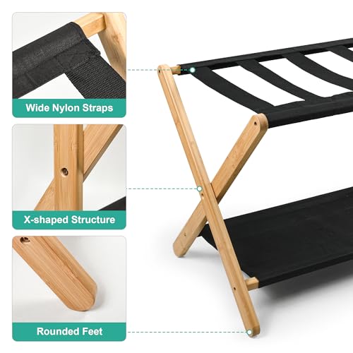 VASMIA Luggage Rack, Folding Suitcase Stand with Storage Shelf,Bamboo Luggage Stand for Guest Room,Bedroon and Hotel,Holds up to 131 lb,Fit Most Luggage Size,Natural by VASMIA - Used condition - Image 4