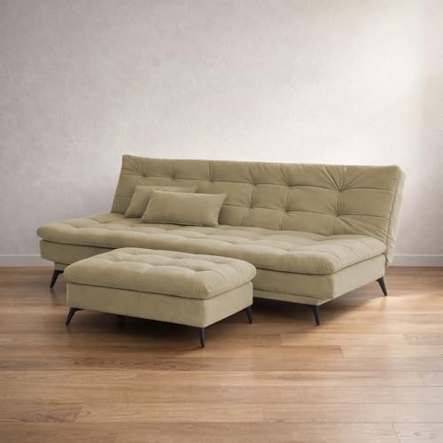 Image of Krancy Solid Wood 3 Seater Sofa Cum Bed with Ottomon | Convertible Wooden Couch for Living Room, Home & Office | Modern Designer Furniture | 1 Year Warranty | Cream Color