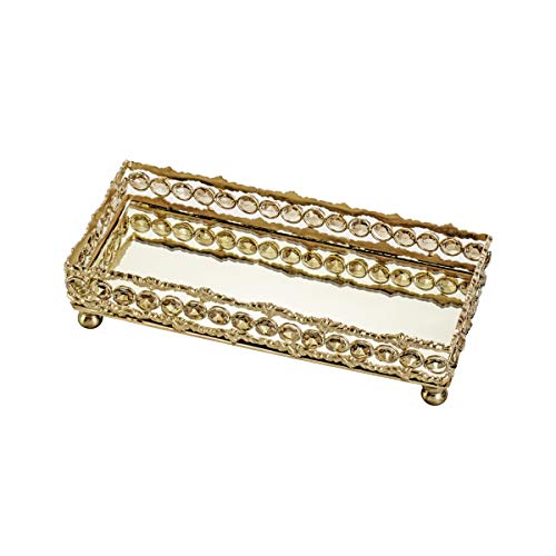 Bandeja Retangular de Ferro e Cristais com Espelho Rojemac Dourado