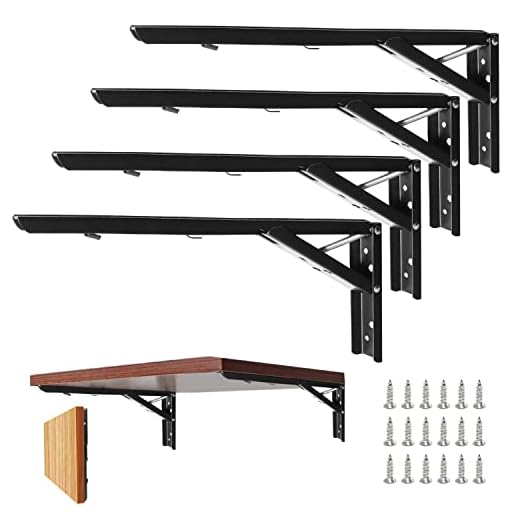 14inch Black Folding Shelf Brackets,Tegoge 4PC SUS304 Stainless Steel Shelf Brackets,Max Load 220Lbs Metal Collapsible Brackets,Heavy Duty Collapsible Shelf Bracket