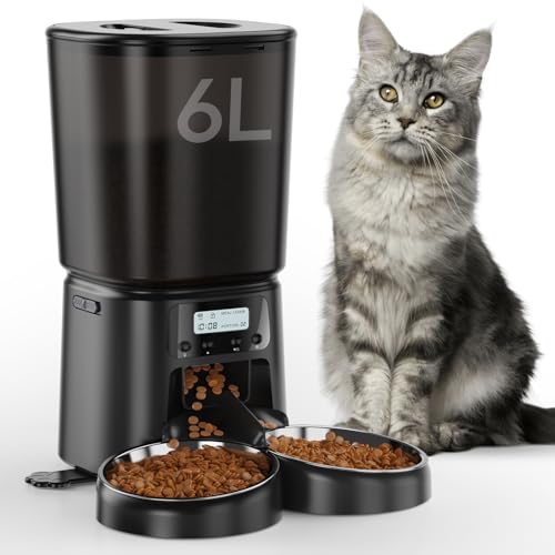 Automatic Cat Feeder for 2 Cats, 6L Timed Cat Dry Food Dispenser, Pet Feeder up to 6 Meals and 30 Portions per Day, Dual Power Supply, Non-Slip Base, Auto Pet Feeder for Cats and Small Dogs-Black