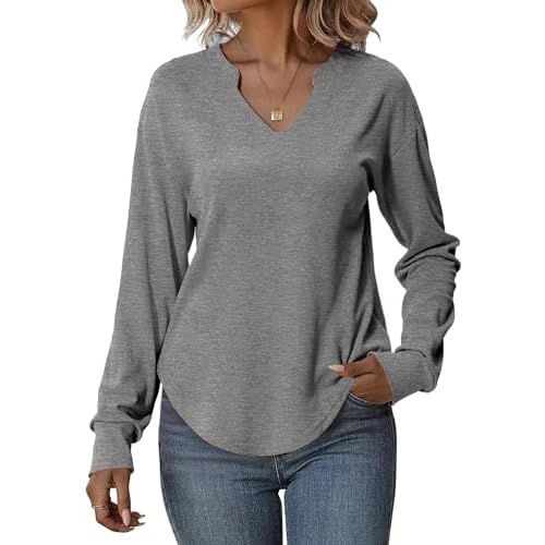 Totatuit Sweatshirts for Women V Neck Long Sleeve Shirts Loose Lightweight Curved Hem Casual Pullover Tops 2025 Fall Grey Large