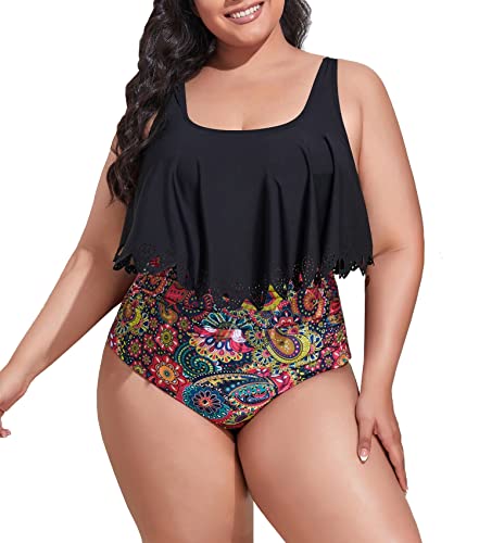 Mooncore Womens Plus Size Swimsuit High Waisted Tankini Bathing Suits Two Piece Flounce Bikini...