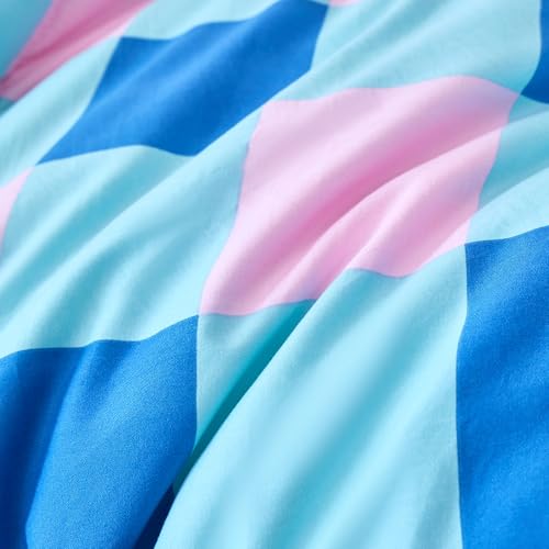 Image of Caressma Comforter Set Blue and Pink Checkered King Size, 3 Pieces Buffalo Grid Comforter Bedding Set, Geometric Checkered Bedding with Pillowshams