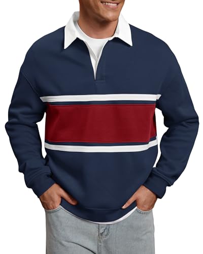 Herberton Men Rugby Shirts Sports Fall Jersey Warm Casual Sweatshirt Heavyweight Sherpa Polo Fleece-Lined Collared Color Block Long Sleeve Golf Rugby Shirts Blue L