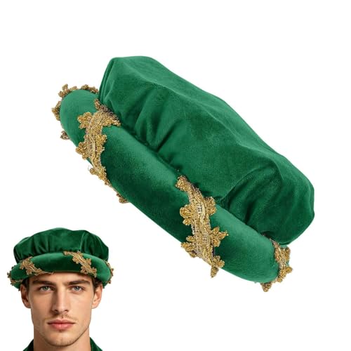 Renaissance Hat Women Padded Gold Trim Velvet Roll Brim Medieval Bonnet Soft Structured Cosplay Headwear Elegant Vintage Costume
