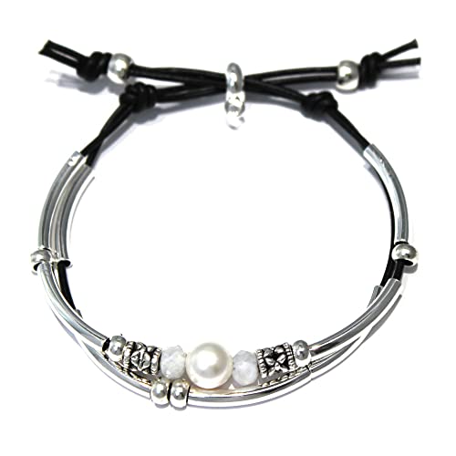 Lizzy James Crystal Water Adjustable 2 Natural Black Leather Strand Silver Bracelet With Pearl & Moonstone Beads For Women #TOP8