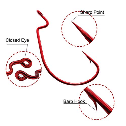 50Pcs Fishing Red Color Worm Hooks High Carbon Steel Worm Fishing Hooks For Bass Trout With Box Packed #1/0-5/0 (Red) #TOP2