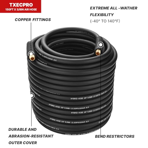 3/8" Hybrid Air Hose 150ft,1/4"MNPT Fittings,Heavy Duty Air Compressor Hose,Non-Kinking, Lightweight, Flexible In Extreme Cold Weather, Excellent UV, Oil and Abrasion Resistant,300 PSI by Txecpro - Used condition - Image 9