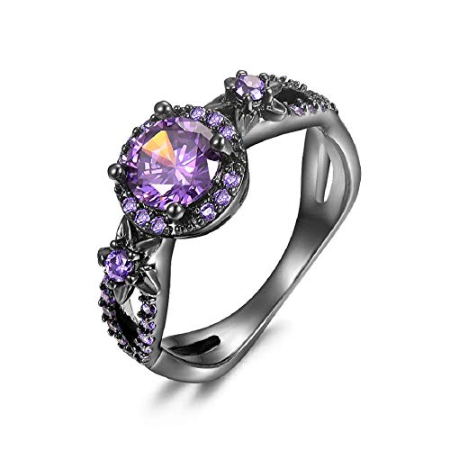 MAIHAO Fashion Rings White Fire Opal CZ Fashion Round Purple Amethyst Ring Women's 10KT Black Gold Filled Wedding AAA Cubic Zirconia Jewelry Size 6-10 (US Code 7)