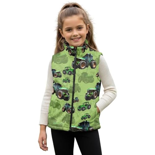 GePrint Green Tractor Children's Sleeveless Jacket Fashionable Comfortable Lightweight Fall Winter Warm Coats Versatile Soft Warmth Polyester Spandex Fabric Comfortable Coat for Kids 11-12