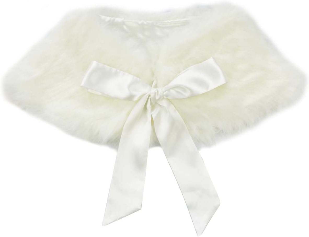 Kids Girls Faux Fur Shoulder Cape Coat Ribbon Ties Princess Bridesmaid Dress Cover Up Wraps Shawl Bolero Shrug
