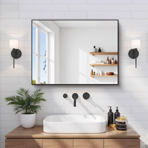 Image of COFENY Black Bathroom Mirror for Wall, 18x24 Inch Rectangle Mirror with Metal Frame, Modern Vanity Mirrors for Bathroom Living Room, Entryway Hangs Horizontal or Vertical