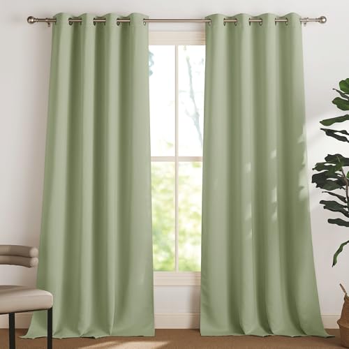 PONY DANCE Cortinas Opacas Termicas Aislantes Frio y Calor 2 Piezas Cortinas Dormitorio Cortinas Habitacion Matrimonio Cortina Blackout con Ojales, 140x245 CM, Verde Caducifolio