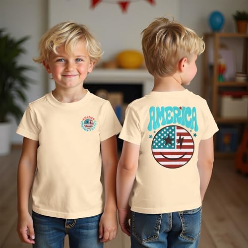 Image of MODNTOGA Boys Girls 4th of July Shirt USA Flag Graphic T-Shirt Big Kids America Print Short Sleeve Patriotic Holiday Tee Tops (Beige, 7-8 Years)