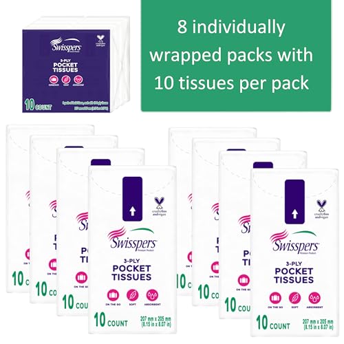 Swisspers Pocket Tissues, 3-Ply White Facial Tissues for Purse, Pocket, Car, Strong & Absorbent, 10 Tissues/Pack, 8 Packs (80 Tissues Total) - Thumbnail 3