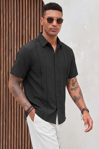 KYKU Mens Short Sleeve Cuban Guayabera Shirt Casual Summer Beach Vacation Button Down Shirts Black 2XL — view 3