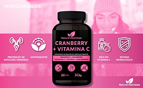 Cranberry com Vitamina C e Magnesio. Suplemento Antioxidante com Suporte Imunológico e Saúde Urinári
