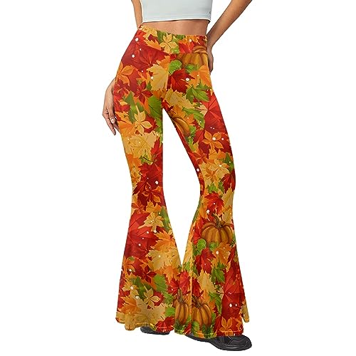 TOADDMOS Women's Flare Leggings, Fall Maple Leaves Flare Pants Bootcut Yoga Pants Casual High Waist Tummy Control Workout Leggings