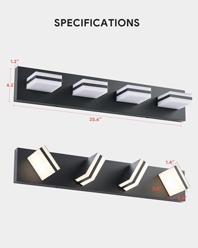 Image of VONLUCE Bathroom Vanity Light Fixture, 4-Light Modern LED Vanity Light, 3CCT Adjustable Bathroom Lights with Memory Function Rotatable Shades, 26 inch Wall Lighting Fixture Over Mirror, Matte Black