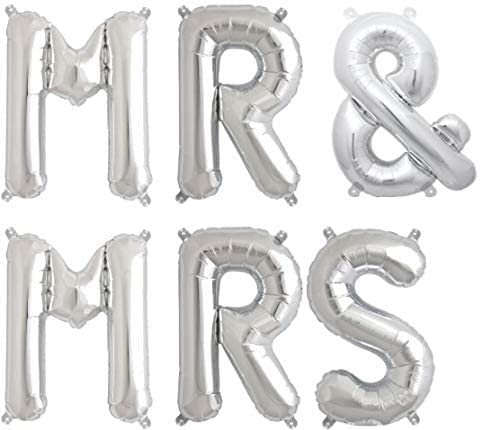 LuCla Concept Store Mr & Mrs Foil Balloons, 34 cm, 13.5 '', Air Fill, Completea plastic inflating tube, Bachelorette Party, Bridal Shower, Wedding, Engagement or Any Romantic Celebration (Silver)