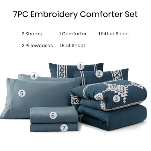 Image of MaiReve Embroidery Queen Comforter Set 7 Pieces Navy Blue Bed in a Bag