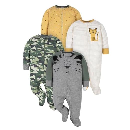 Gerber Baby Boys' 4 Pack Sleep 'N Play Footie, Tiger Grey, 6-9 Months
