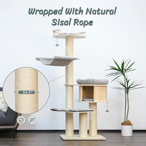 Image of KAMABOKO Tall Cat Tree, 68 inch Large Cat Tower Multi-Level Platforms with Sisal Scratching Posts, Cat Tree for Large Cats 20 lbs Heavy Duty, Cat Condo Furniture for Active Cats, Top Fence Safety