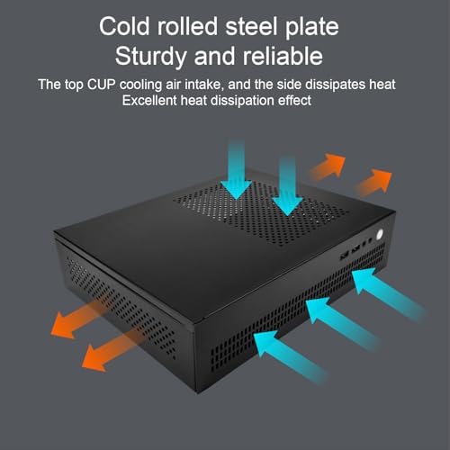 Gabinete pequeño para PC con placa de acero, soporte para motherboard Mini-ITX, ventilación eficiente con refrigeración por aire, y puertos USB 2.0 miniatura 4