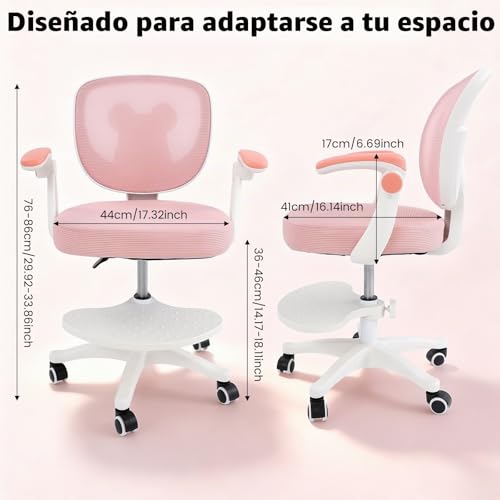 Miniatura 2 de Hijnxg Silla De Escritorio Infantil Giratoria 360 , Altura Regulable, Silla Infantil Con Respaldo Y Reposabrazos, Para Niños A Partir De 6 Años, Silla Giratoria De Oficina Con 5 Ruedas, Color Rosa