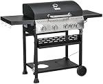 Outsunny Propane Gas Grill with 4 Main Burners, 1 Side Burner, 40,000 BTU Outdoor BBQ Grill Cart with Wheels, Warming Rack, Shelves, Thermometer, Bottle Opener, Black