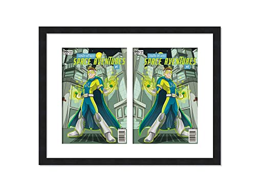 Comic Book Frame Black Matted, For Comics Published Between 1986 and Present Day (Golden Age Comic Solid Wood Frame) | Made to Showcase 2 Comics Under UV Acrylic with Acid Free White Matting Made in