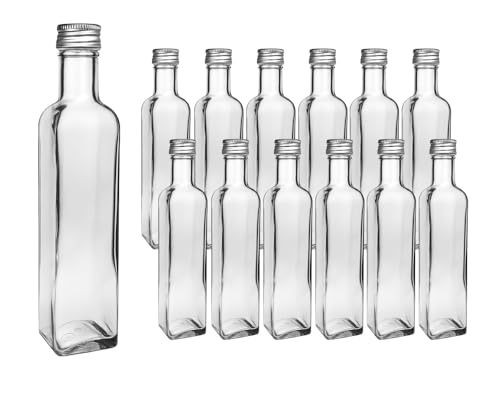 Vitrea 12 leere Glasflaschen 250ml Schraubverschluss Silber Eckig mit Etiketten - kleine Flaschen zum Befüllen mit Deckel - für Saft, Getränke, Likör, Öl, Saucen - 12 Stück, Maraska