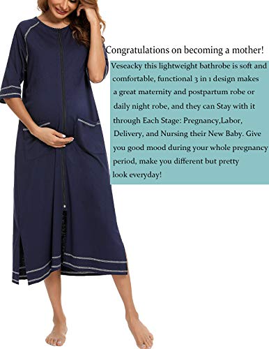 Image of Veseacky Women Robe Zipper Front House Coat 3 /4 Sleeve Nightgown Full Length Ladies Lounge Dress with Pockets S-XXL