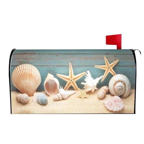 Image of Summer Beach Shells Starfish Sea Mailbox Cover Magnetic Marine Wood Texture Waterproof Mailbox Wraps Post Letter Box Decor 21x18 in