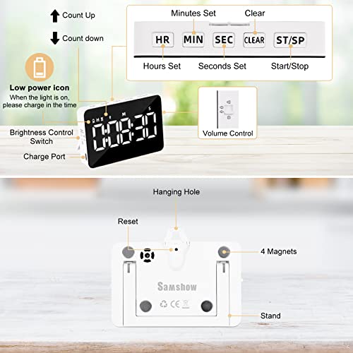 Rechargeable Digital Kitchen Timer For Cooking, Magnetic Timers With Countdown/Up, Kids Timer With 5”Led Display 3 Brightness 4 Volume Adjustable For Classroom/Office/Home/Work/Study/Fitness/Game #TOP5