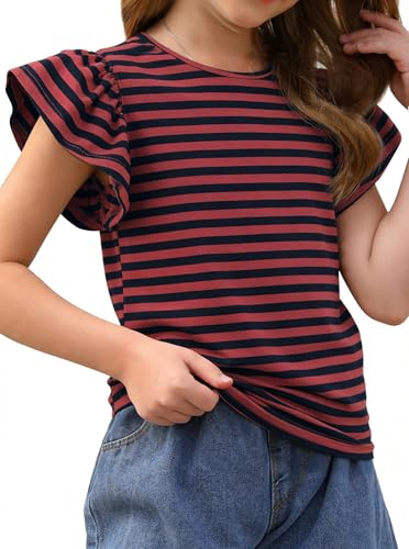 Image of Girls Striped Shirt Flutter Sleeve Top Crewneck Cute Summer T Shirts Casual Tees Red Blue 9-10 Years