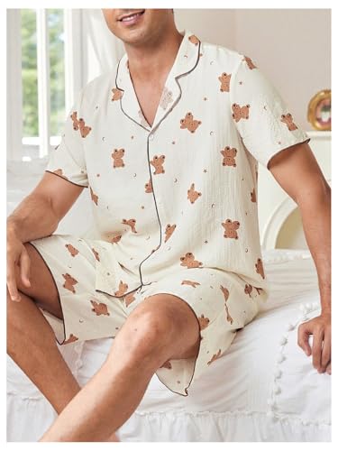 Men's 2 Piece Pajama Set Cartoon Bear Graphic Short Sleeve Button Down Shirt and Shorts Pjs Sleepwear Loungewear4