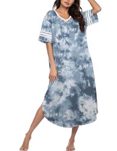 Image of Ekouaer Long Nightgown, Womens V Neck Loungewear Oversized Sleepwear Loose Sleep Dress S-4XL