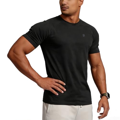 BVSN Casual Short Sleeve Crew Neck Classic Wicking Breathable Fitness Muscle Athletic T Shirts Men (US, Alpha, Medium, Regular, Black)