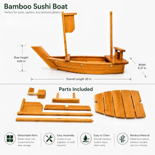 Image of Wooden Sushi Boat Serving Tray Plate, 20In Large Charcuterie Boards | Nature Bamboo Handmade, Japanese Sushi Plate, Restaurant or Home Party Display Platter