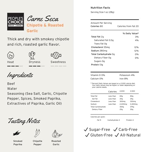 People\'s Choice Beef Jerky Carne Seca - Sugar Free, Keto, Zero Carb, High Protein - Chipotle & Roasted Garlic, 16 oz - Thumbnail 3