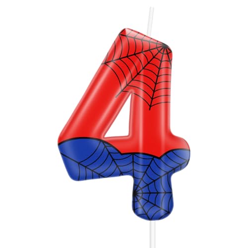 iNINGER Red Blue Number 4 Birthday Candle,Spider Theme Number 4 Candle Cake Topper Decorations for Spider Cartoon Themed Parties,Boys Girls Kids Birthday Party Supplies