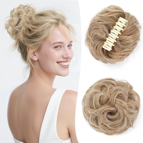 WKCT Messy Bun Hair Pieces for Women, Wavy Claw Clip Hair Bun, Synthetic Fake Hairs Buns Extension, Tousled Updo Messy Buns Hairs Clip for Women Daily Wear (M27/613#, 1 Count (Pack of 1))