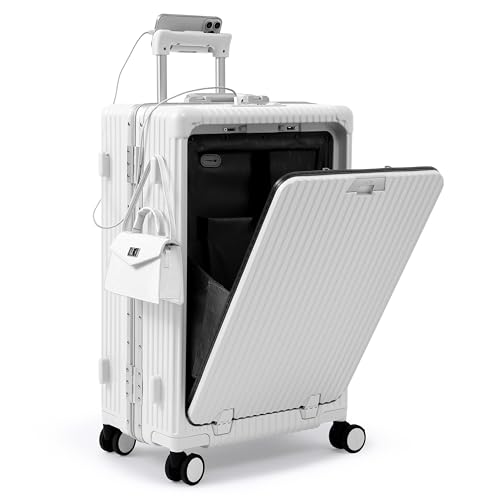 Nobl Travel Zipperless Check In Suitcase - Aluminum Frame Medium Check In luggage 27x17.5x10.4 Airline Approved by Noble Travel - Polycarbonate Shell - TSA Locks 360 Spinner Wheels - Ivory