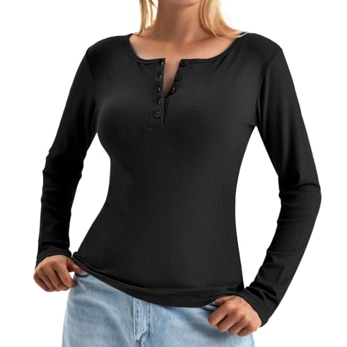 Walifrey Women's Long Sleeve Henley Shirts Ribbed Knit - image 1