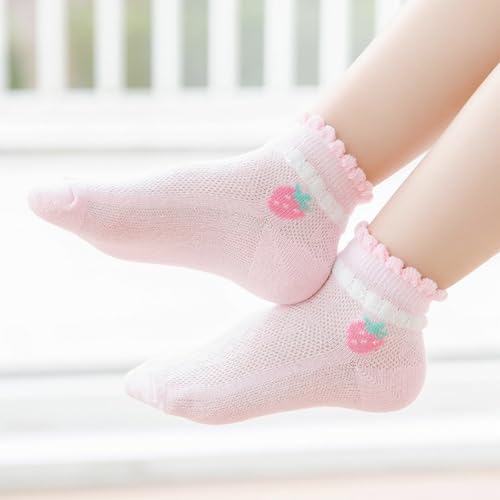 5 Pairs Baby Girl's Summer Thin Mesh Cotton Ankle Socks with Strawberry Ruffle Trim for 1, 3, 5, 8, 9, 12 Years Old3